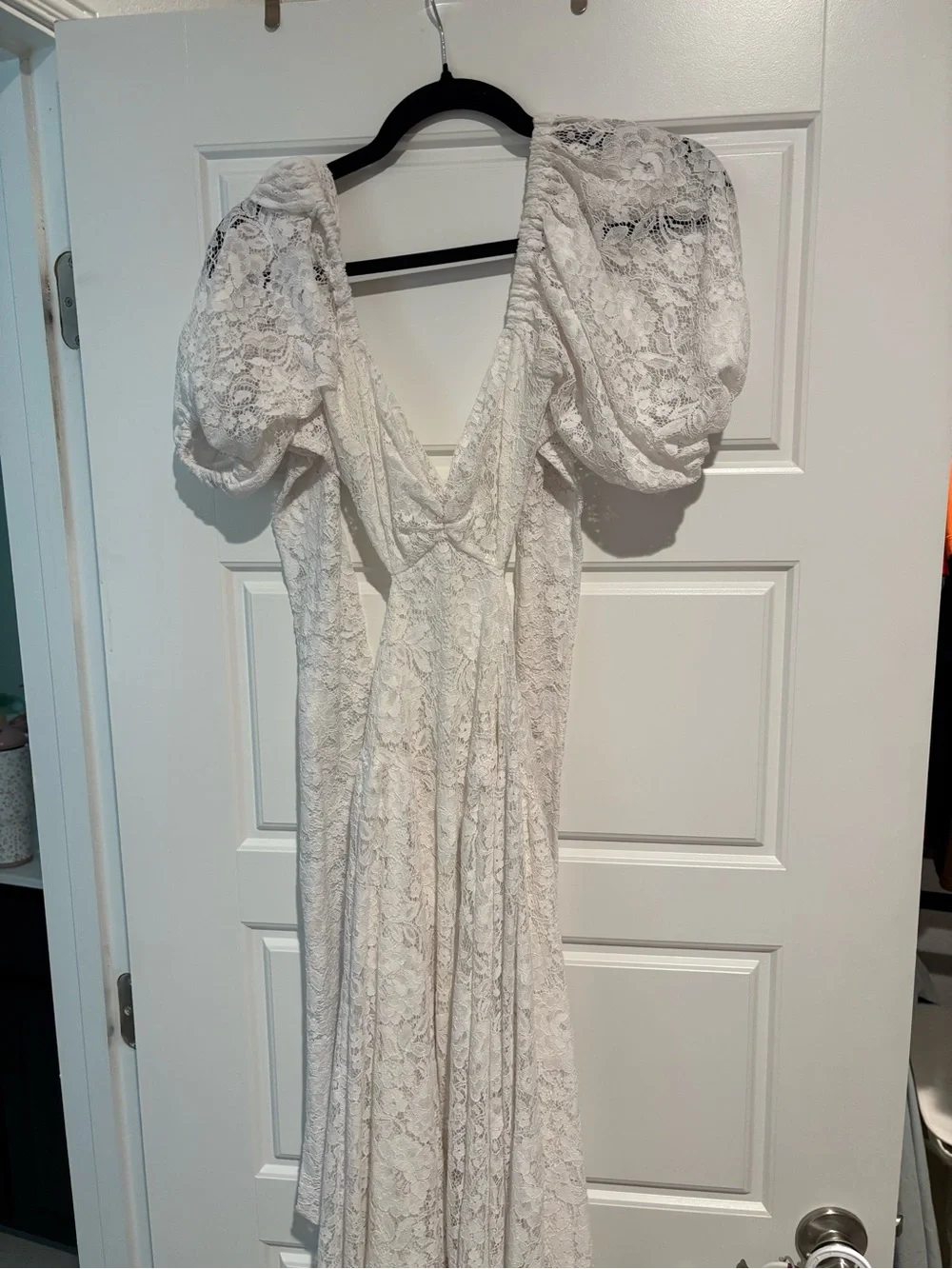 Abercrombie & Fitch White Lace Puff-Sleeve Cutout Maxi Dress